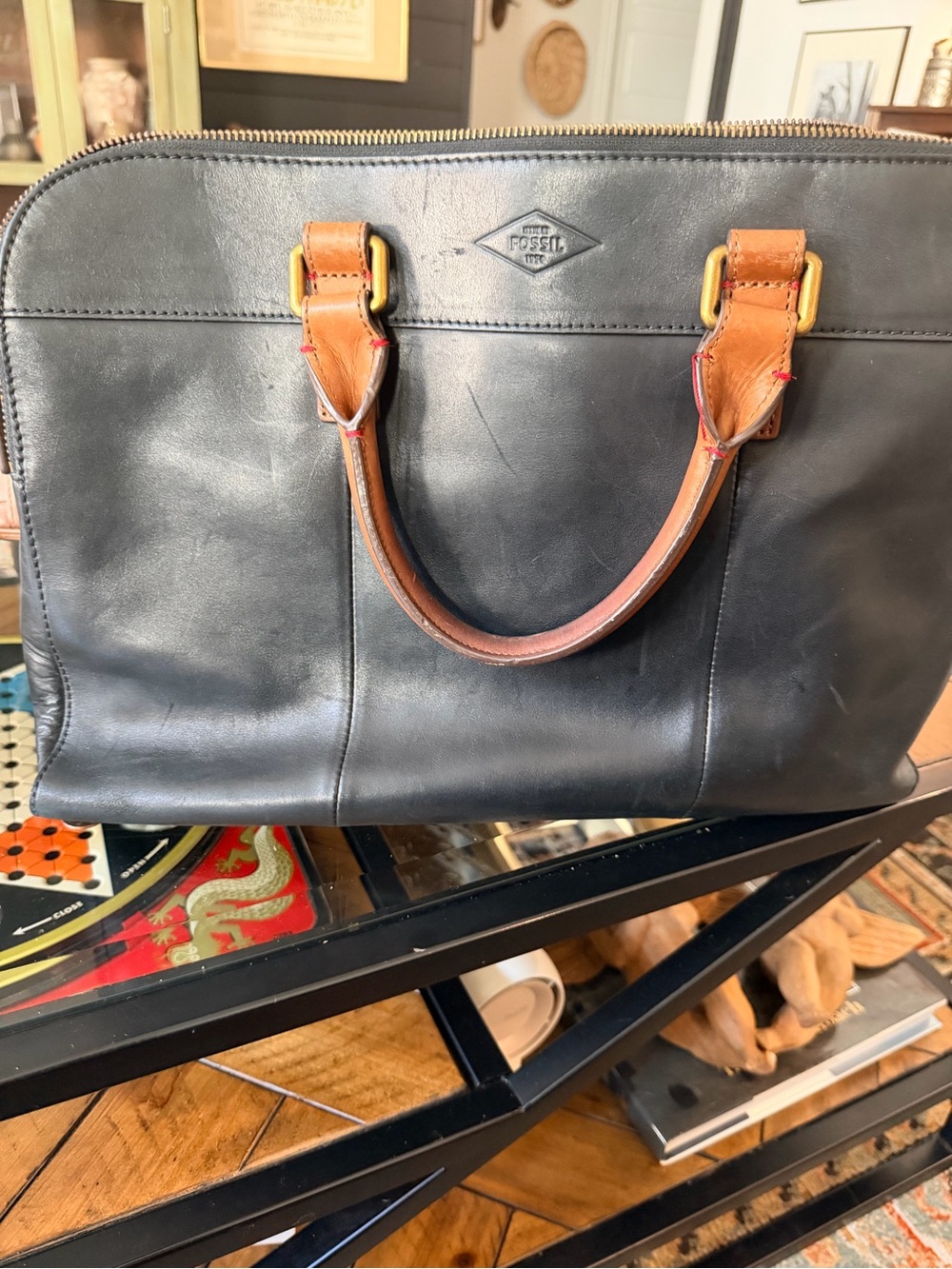 Fossil Black Leather Briefcase with Brown Handles and Brass Hardware